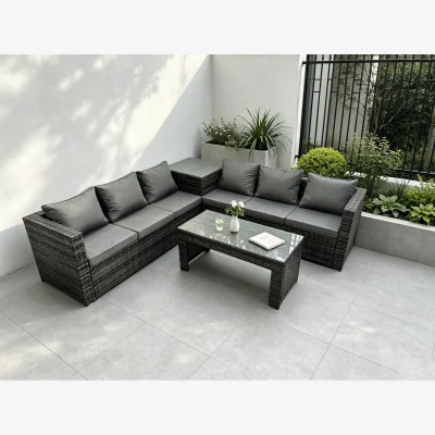 The Range 6 Seater Rattan Corner Sofa Oblong Coffee Table Side Table Sets - Dark Grey
