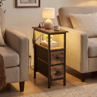 The Range Side End Table with Charging Station, LED Lighting - Brown
