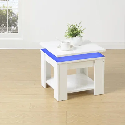 The Range White Square Side Table With Blue LED Light High Gloss - White
