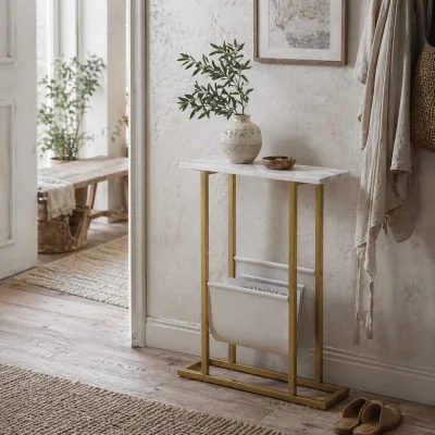 The Range Vanozi Slim Two-Tier Side Table, White Marble-Grain Top with Gold-Tone Frame