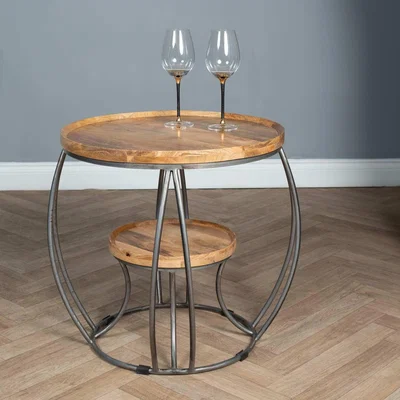 The Range Round Side End Lamp Table Light Oak Finish Silver Frame - Brown