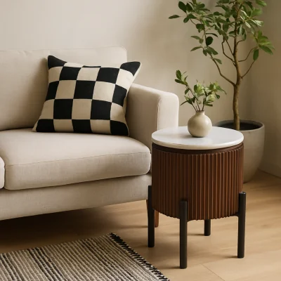 The Range Alabama Ribbed Mango Wood Side Table with Marble Top and Metal Legs - Brown