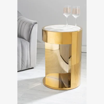 The Range Carlox Gold and Marble Effect Round Side Table - Gold
