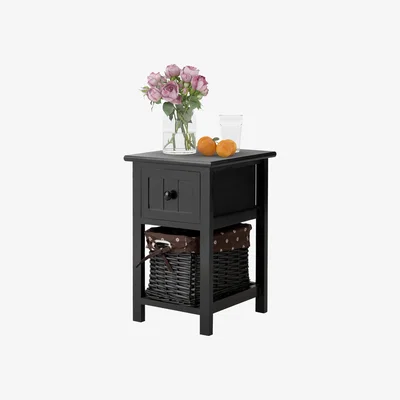 The Range Nightstand Side Table with Wicker Basket - Black / 1