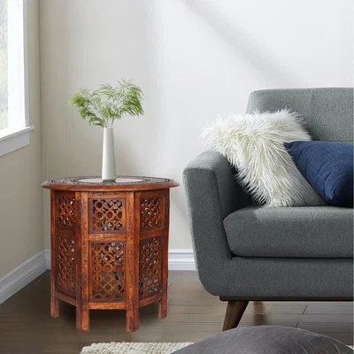 The Range Round Carved Wooden Coffee Bedside End Table - Red / 54cm