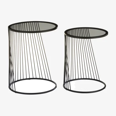 The Range Trento Black Set of 2 Round Side Tables with Glass Tops - Black