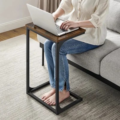 The Range C-Shaped Sofa Side Table with Industrial Metal Frame, Space-Saving Snack and Laptop Table - Rustic Brown and Black
