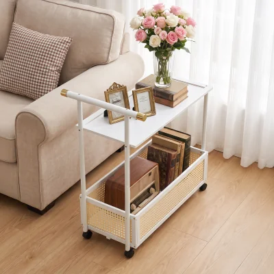 The Range 2-Tier Bamboo Side Table with Castors and Handle - Cream White