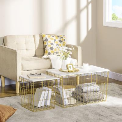 The Range Side Table Set of 2 with Wire Storage Basket, Faux Marble Top - White, Golden