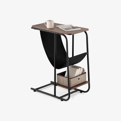The Range C Shaped End Table with Canvas Book Holder And Bottom Storage Shelf - Brown