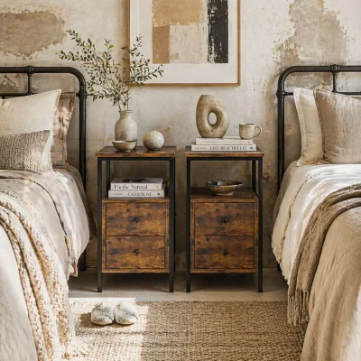 The Range Mirayo Set of 2 Narrow Industrial Side Tables with 2 Drawers and Shelves, Rustic Brown