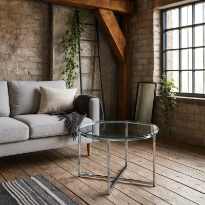 The Range Wyld Haus Oakfern Round Glass Side Table, Chrome Cross Frame, Clear Top - Clear