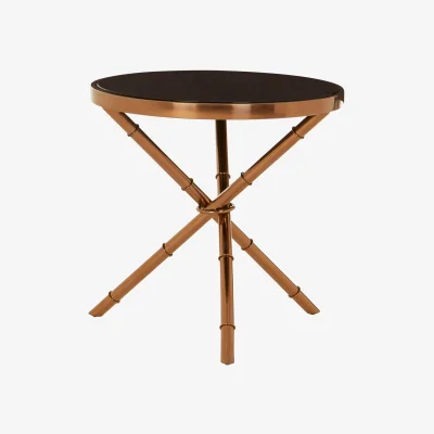 The Range Alvaro Round Side Table with Rose Gold Legs and Black Glass Top - Gold