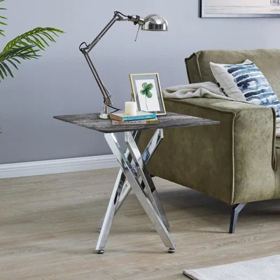 The Range Leonardo Side Table Glass Marble Top Silver Legs - Grey