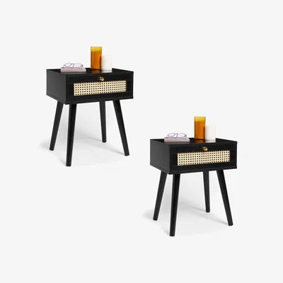 The Range Cane Side Table with Storage Drawer - Black / 2