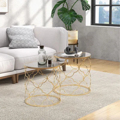 The Range HOMCOM Nesting Tables Set of 2, Side End Table with Glass Top Gold Tone - Gold Tone