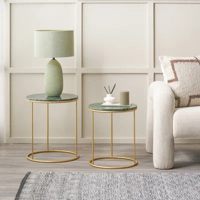 The Range Milly Set of 2 Marble and Gold Metal Side Tables - Green Marble