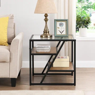 The Range Cascade Glass Top Side Table - Clear Glass + Brown Wood
