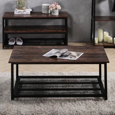 The Range Vintage Style Coffee End Table Metal Frame With Storage Mesh Shelf - Brown
