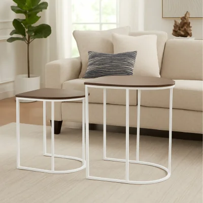 The Range Nest of 2 Coffee White Metal Wood Woodgrain Side Tables Set - White Brown