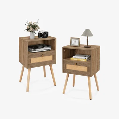 The Range Set of 2 Boho End Table Rattan Nightstand - Brown
