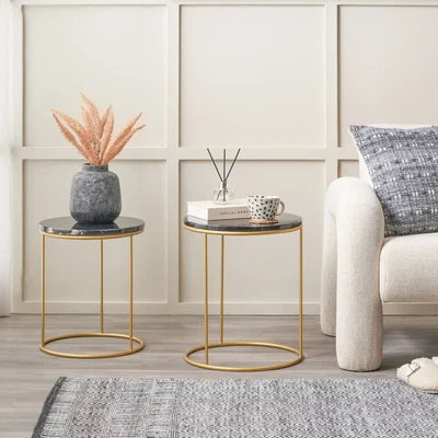 The Range Milly Set of 2 Marble and Gold Metal Side Tables - Black Marble