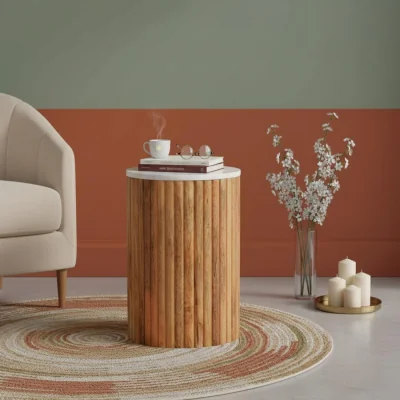 The Range Solid Mango Wood Fluted Marble Side Table - Brown
