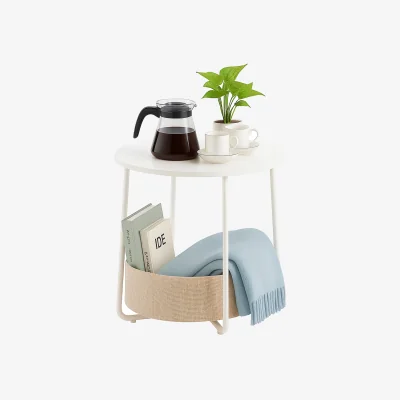 The Range Round White Side Table With Beige Storage Basket  - White