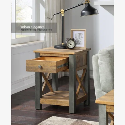 The Range Urban Elegance - Reclaimed Lamp Table With Drawer - Rustic Brown