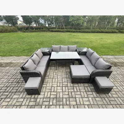 The Range Fimous 12-Seater Rattan Patio Lounge Set with 2 Side Tables & Stools - Dark Grey