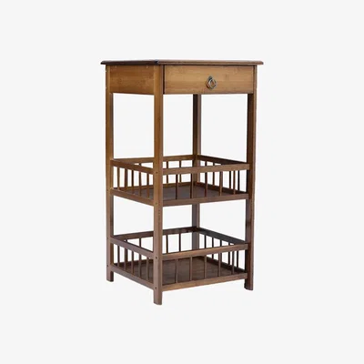 The Range Bamboo Wooden Tiered Side Table with Drawer - Brown / 77cm