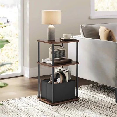 The Range 3 Tier Side Table with Fabric Basket, Walnut - Ebony Walnut
