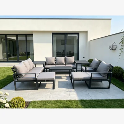 The Range Aluminium Lounge Sofa Set 2 Chairs, Oblong Coffee Table, 2 Side Tables & 2 Stools - Dark grey