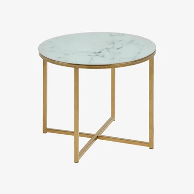 The Range Alisma Round Side Table with White Crystal Clear Marble Glass Top & Gold Legs - White Marble & Gold