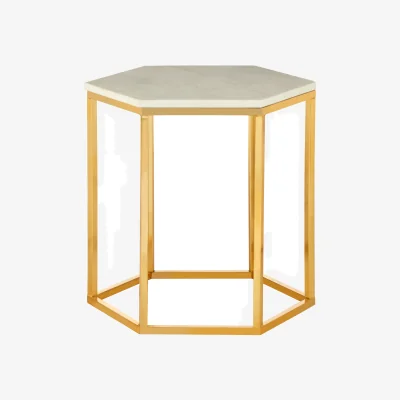 The Range Templar White Marble and Gold Hexagonal Side Table - Gold