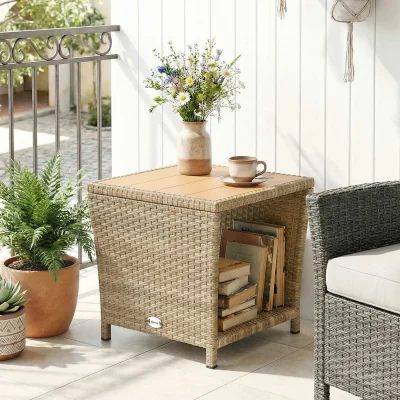 The Range Outsunny Side Table 2-Tier with Storage Shelf - Khaki