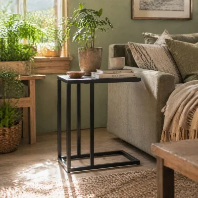 The Range Sariso Black C-Shaped Side Table with Wood-Effect Top