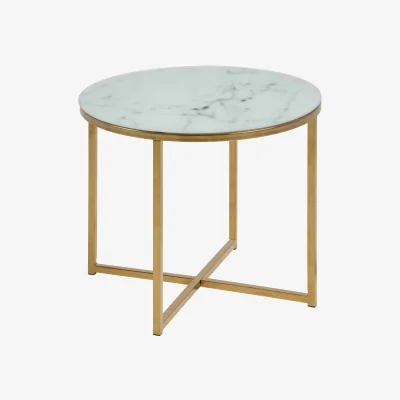 The Range Vodskov Round Side Table, White Marble-Effect Glass Top with Gold Metal Legs - White
