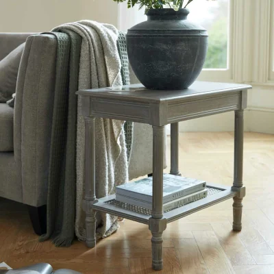 The Range Laurelbrook Wood Side Table with Rattan Shelf - Grey