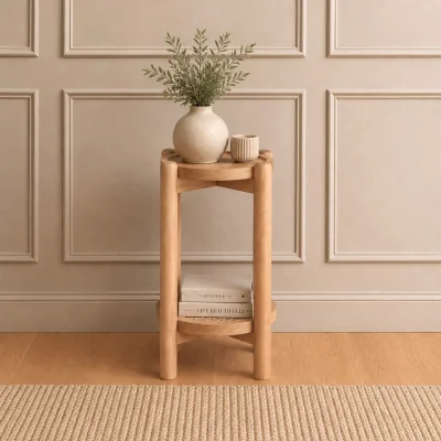 The Range Solid Mango Wood Round Side Table with Cane Shelf & Tray Top - Natural