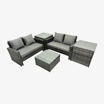 The Range Fimous PE Rattan Patio Set 2x 2-Seater Sofas, Coffee and 2 Side Tables Dark Grey - Dark grey mixed rattan with dark grey fabric