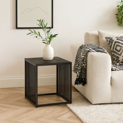 The Range Porto Metal Side Table with Stone Effect Top - Black
