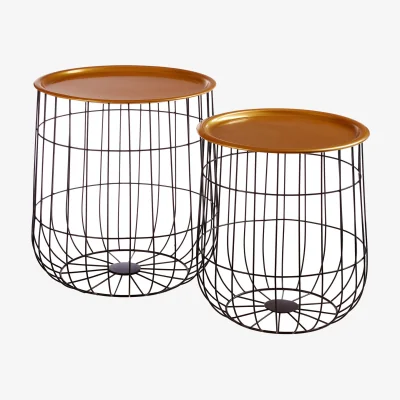 The Range Hege Set Of 2 Brass Finish Top and Black Wire Side Tables - Brass
