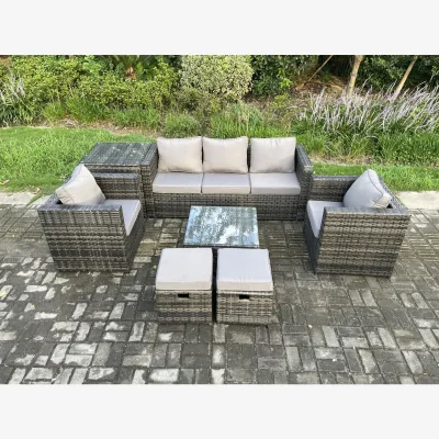 The Range Fimous 7-Piece Rattan Set with Armchair, Side Table & 2 Footstools - Dark Grey