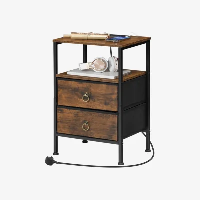 The Range Smart Bedside End Table With Drawers, USB Ports and Outlets Rustic - Rustic Brown