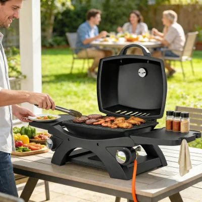 The Range Outsunny 2 Burner Gas Grill with 2 Detachable Side Tables - Black