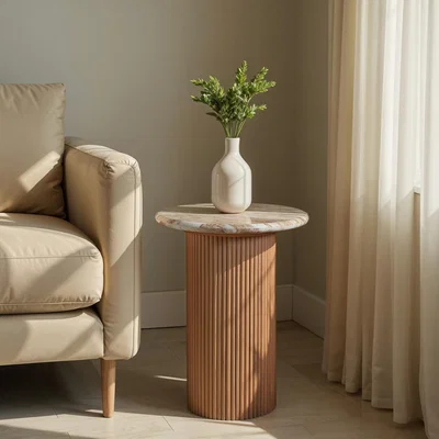 The Range Bundi Natural Marble  Wood Pedestal Side Table - Brown