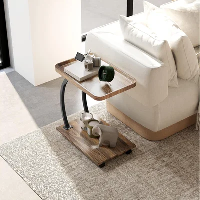 The Range HOMCOM C Shaped Side Table with Storage and Wheels - Brown