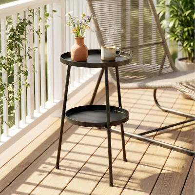 The Range Outsunny Patio Side Table, 2-Tier Round Coffee Side Table - Black