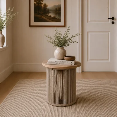 The Range Round Rope Design Side Table with Solid Oak Wood Top - Natural